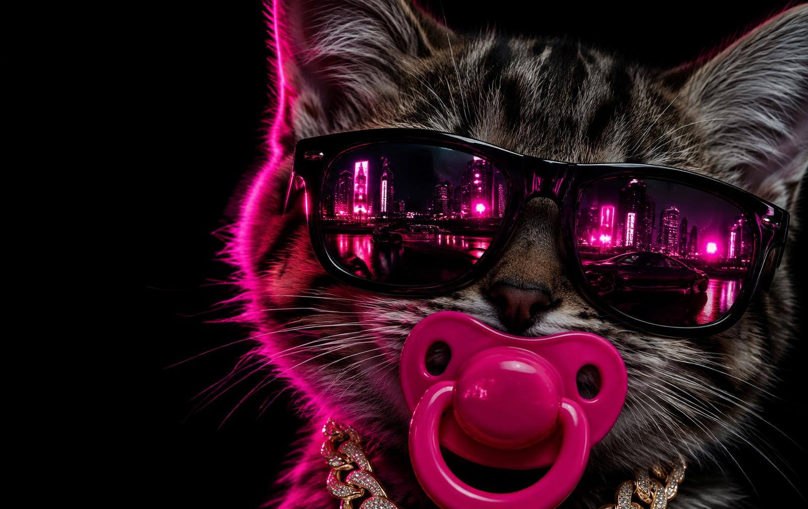 BABYGATO close-up with neon reflected in his sunglasses