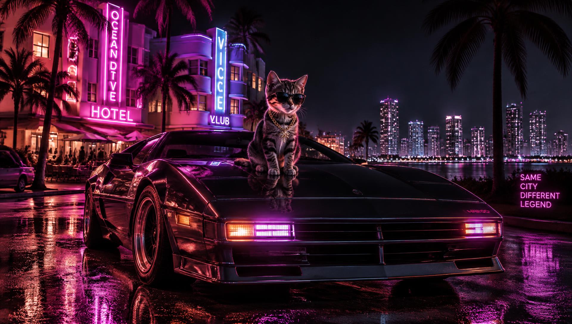 Neon-soaked Vice City street at night with BABYGATO sitting on a retro sports car